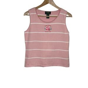 Vintage Lauren Ralph Lauren Tank Top Womens MP Pink Stripe Flower Embroidered